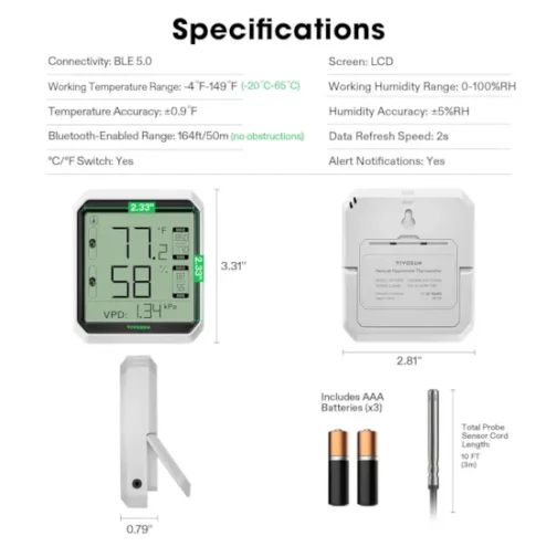 VIVOSUN AEROLAB BLUETOOTH HYGROMETER THERMOMETER AND EXTERNAL SENSOR - Image 2