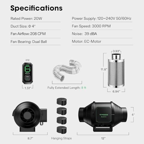 VIVOSUN AEROZESH S4 4" FAN + CARBON FILTER + DUCTING + E12 CONTROLLER KIT - Image 7