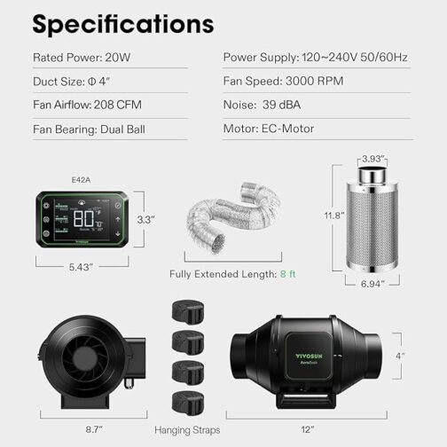 VIVOSUN AEROZESH S4 4" FAN + CARBON FILTER + DUCTING + E42A CONTROLLER KIT - Image 2