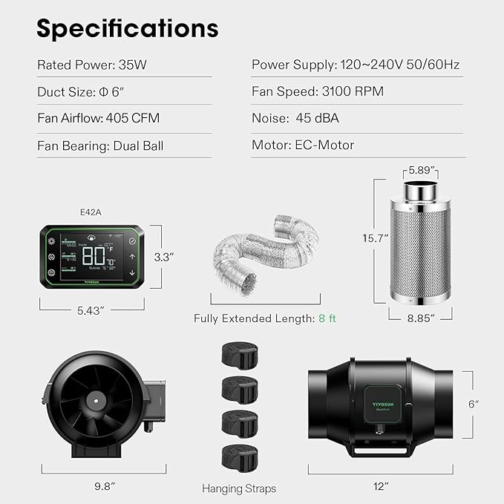 VIVOSUN AEROZESH S6 6" FAN + CARBON FILTER + DUCTING + E42A CONTROLLER KIT - Image 2