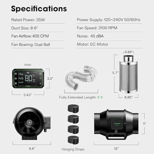 VIVOSUN AEROZESH S6 6" FAN + CARBON FILTER + DUCTING + E42A CONTROLLER KIT - Image 2